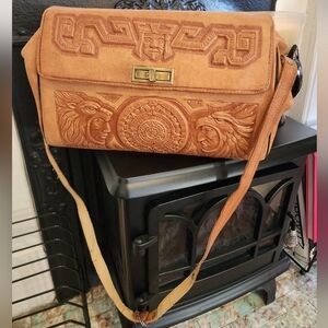 Mont-Abur Vtg Mexican Unisex Brown Embossed Leather Shoulder Bag